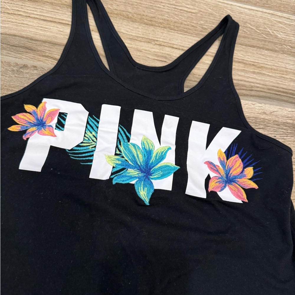 PINK Victoria's Secret Black Tank Top with Colorful Floral Design